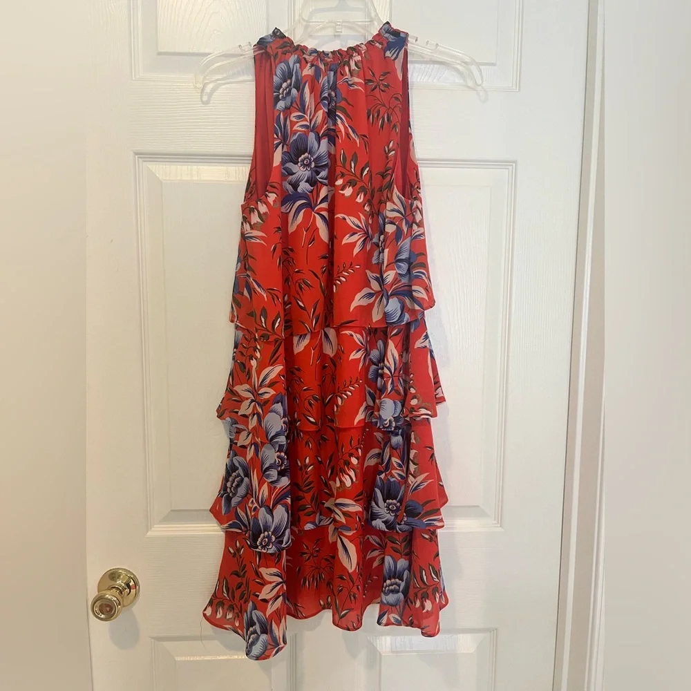 LOFT Floral Layered Tiered Orange and Blue Sleeveless Dress Size Medium